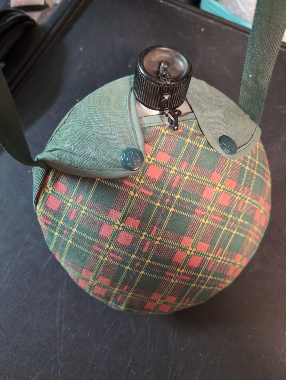 Vtg Girl Scouts Camping Water Canteen with Plaid Cloth Cover Shoulder Strap